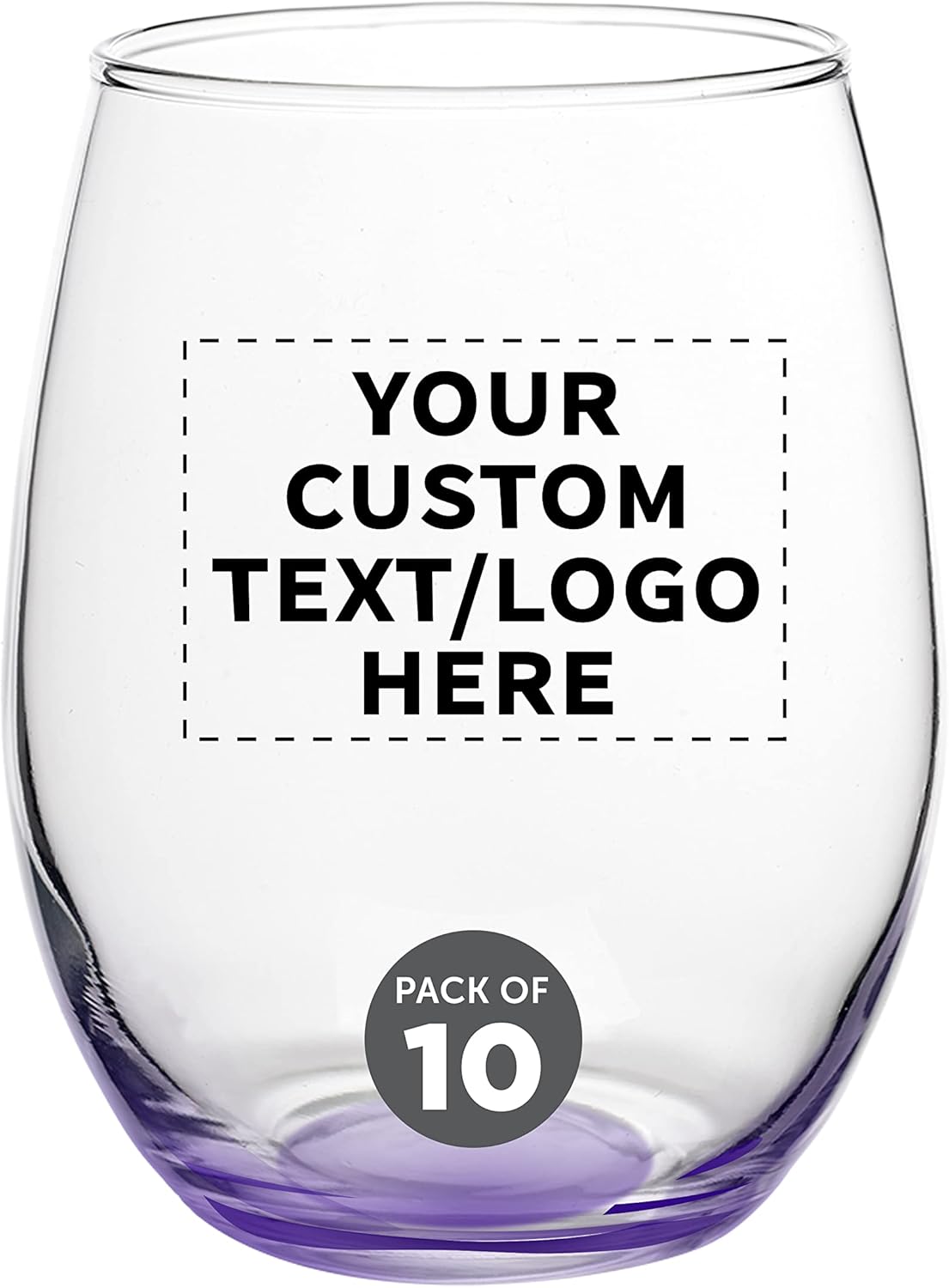 Custom Stemless Wine Glasses in Bulk by ARC Perfection, 15 oz, 10 pack, Personalized Text, Logo, Purple or White Wine Glass Set, Purple