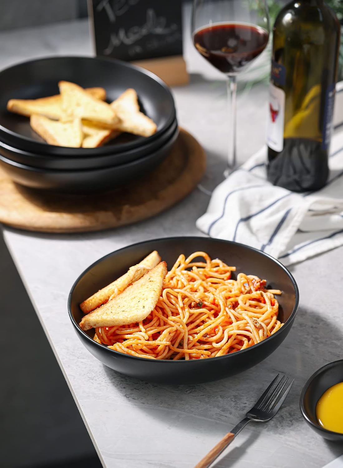 Teocera Matte Black Pasta Bowls Set of 4-35oz Large Oversized Porcelain Bowls for Spaghetti & Salad | Heat-Resistant, Chip-Resistant, Microwave & Dishwasher Safe | Smooth Non-Porous Surface