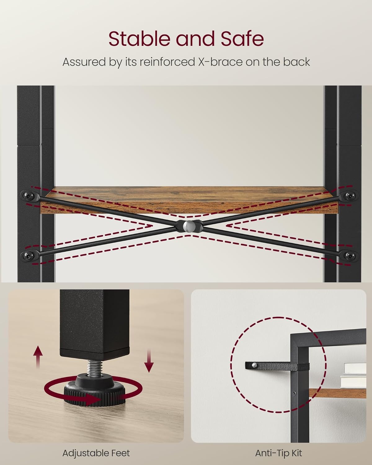 VASAGLE 3-Tier Bookshelf, Bookcase with Steel Frame, Book Shelf for Living Room, Home Office, Study, 9.4 x 15.7 x 30.1 Inches, Industrial Style, Rustic Brown and Ink Black ULLS098K02