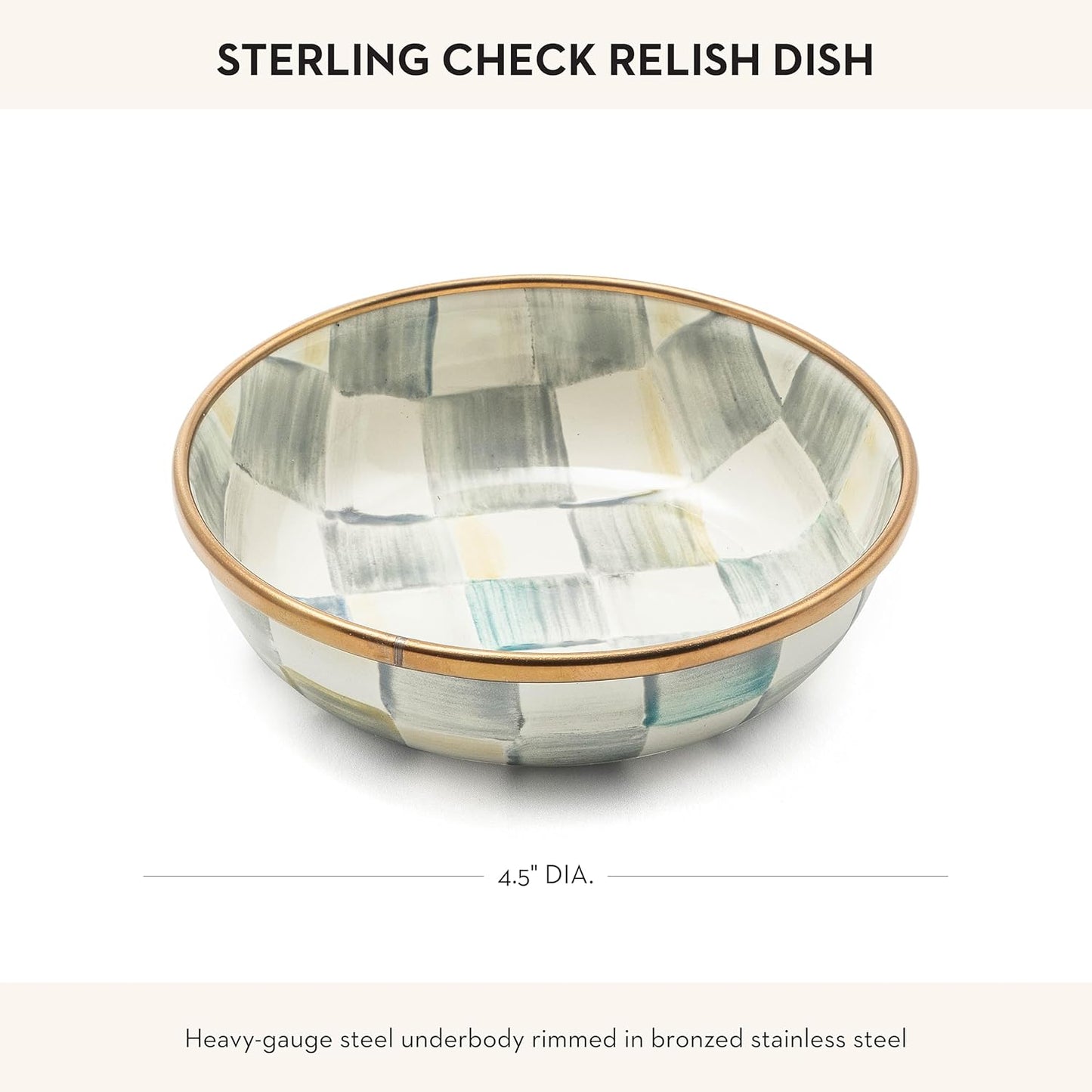 MACKENZIE-CHILDS Enamel Relish Dish, Small Serving Bowl for Entertaining, Gray-and-White Sterling Check