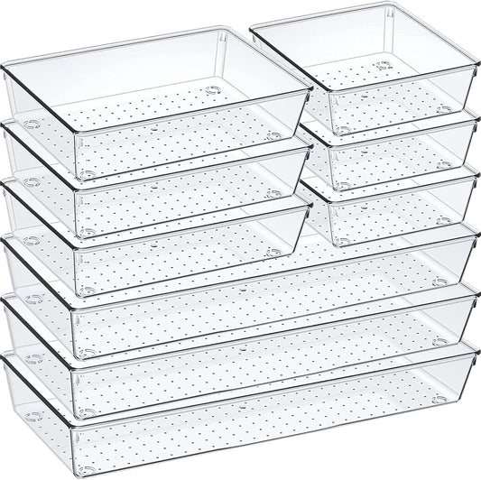 9 Pack Clear Plastic Drawer Organizer Set, Acrylic Non Slip Non Cracking Kitchen Drawer Storage Tray Large Size Divider, Multifunctional Storage for Cosmetics, Bathroom, Tools, Kitchen and Office
