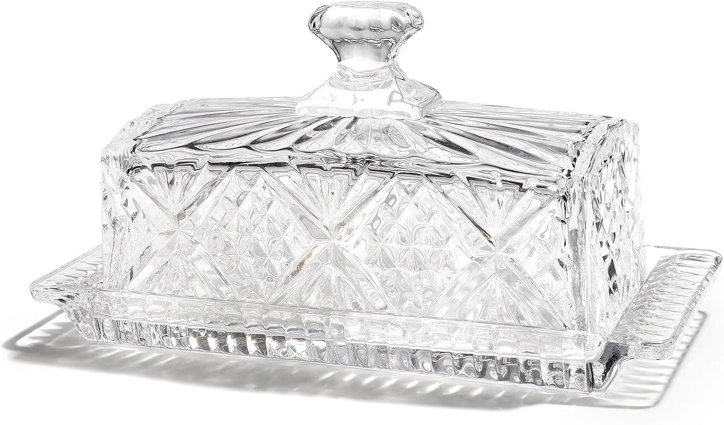 Butter Dish with Lid for Countertop,Glass Butter Container for Counter,Covered French Butter Tray,Large and Wide Butter Tray Holder for Fridge or Keepers on Counter (Clear-6)