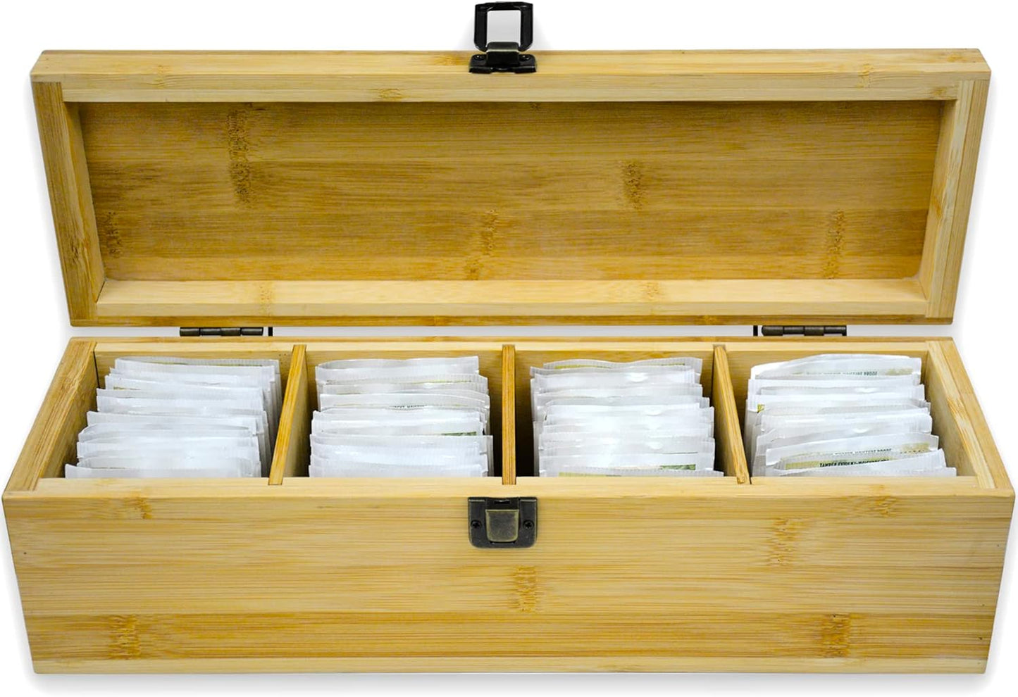 Bamboo Tea Organizer Box Chemical Free Eco-Friendly Big, Tall, Adjustable Cubbies Natural Wooden Storage Chest (4-Slot Rectangle 14.3"x 4.4" x 4.2" with TEA print design)