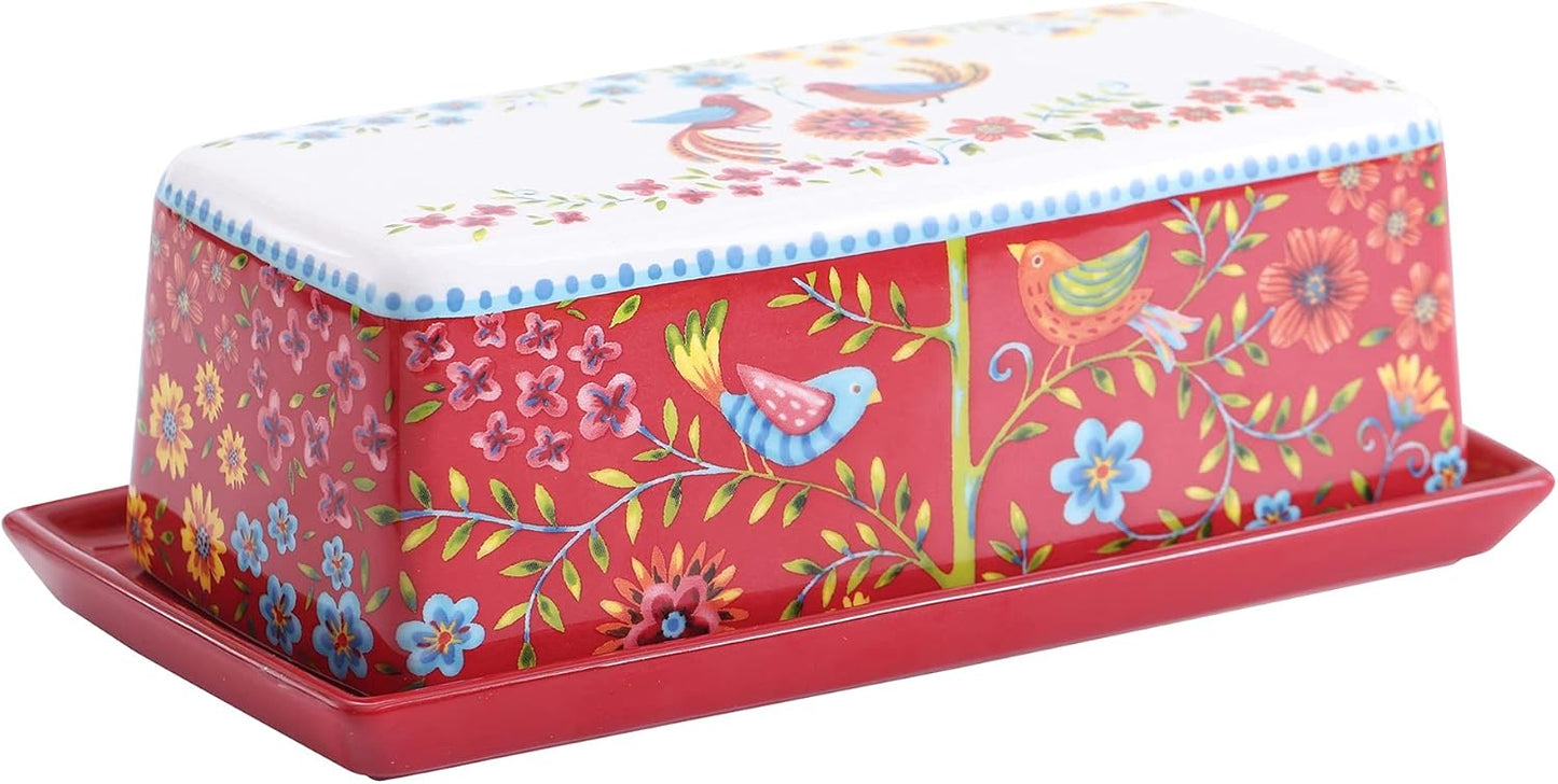 Bico Red Spring Bird Ceramic Butter Dish with Lid, Wide Butter Keeper for Counter, Kitchen Countertop, Microwave and Dishwasher Safe