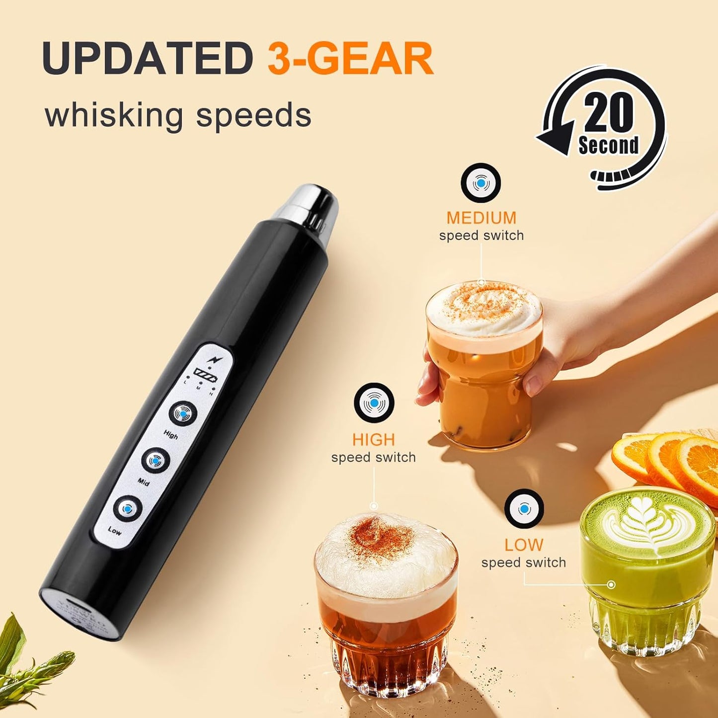 YUSWKO Handheld Milk Frother Wand for Coffee, Rechargeable Electric Whisk with 3 Heads 3 Speeds Drink Mixer Coffee Frother For Latte, Cappuccino, Hot Chocolate, Egg (Without Stand, Light Black)