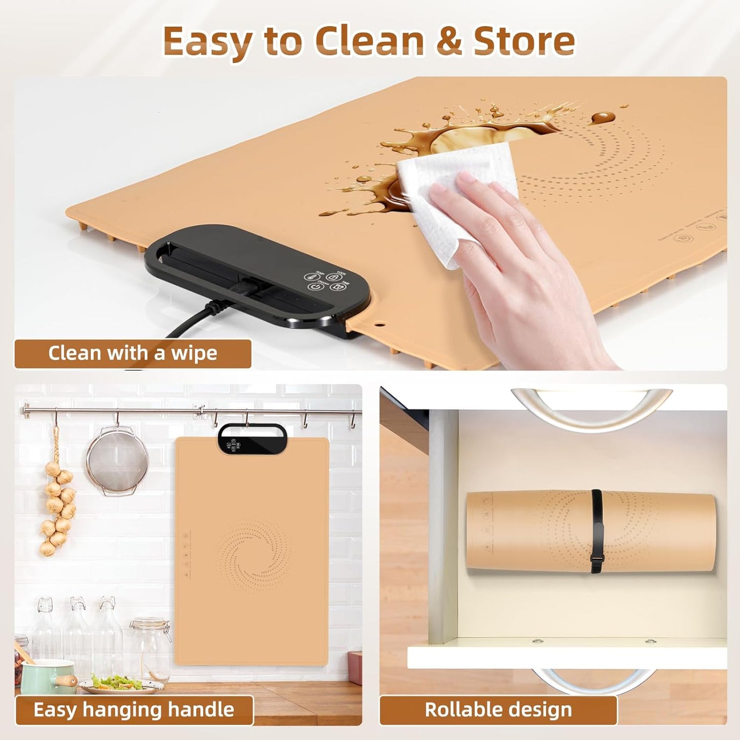 Electric Warming Tray with 7 Adjustable Temperatures, Hanging & Foldable Food Warmer Mat with Child Lock, 11 Timer Settings, Fast Heating Plate for Buffet, Paties, Family Gatherings, Holidays, Brown