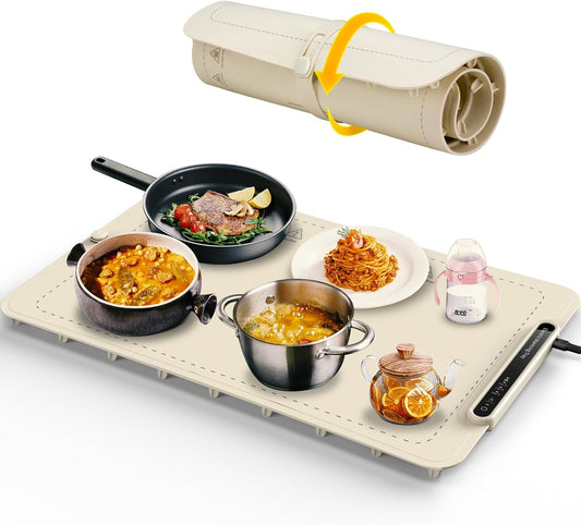 Warming Tray with Full Surface Heating, Foldable & Portable Food Warmer, 3 Temperature Settings & Child Lock, Premium Silicone Warmer Mat for Parties, Family Gatherings, Holidays, Daily Use