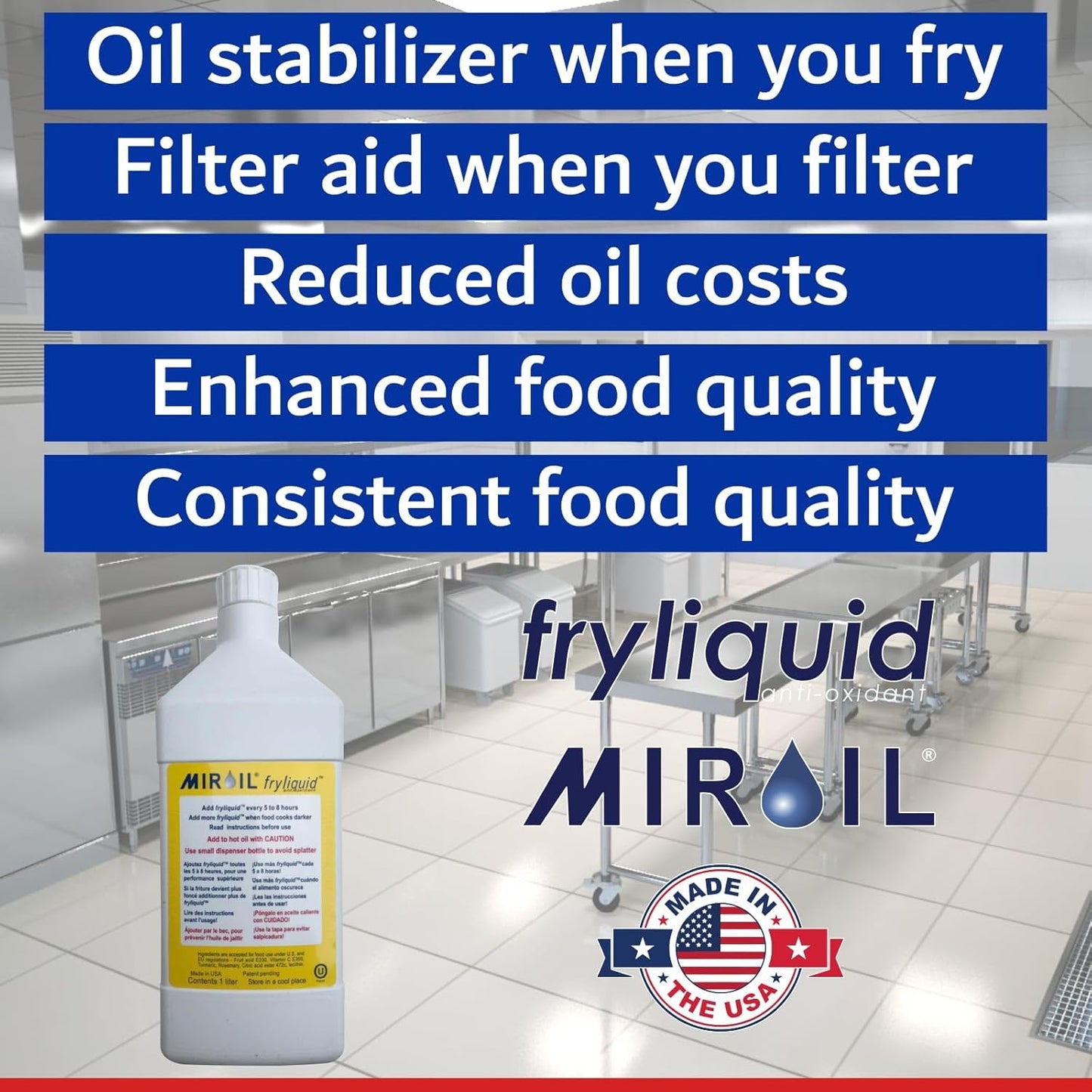 1 Liter Bottle FryLiquid by MirOil, Antioxidant for Frying, Removes Unhealthy Fat, Prevents Breakdown, Vitamin Therapy, Extend Deep Fryer Oil Life for Donut Shop, Restaurant, Food Truck & Food Service