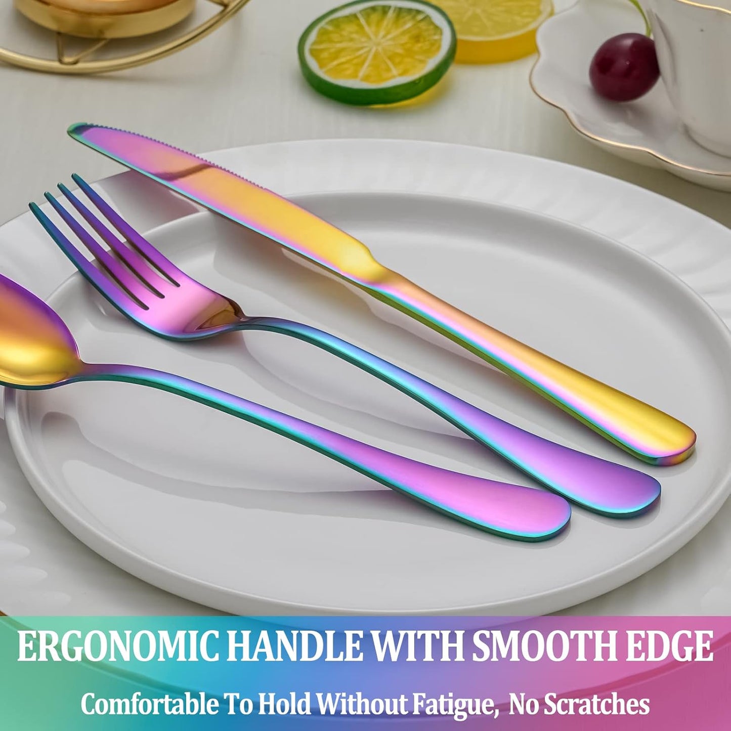 30 Pcs Rainbow Silverware Set Service for 6,Stainless Steel Flatware Serving Sets,Kitchen Tableware Set,Utensil Set for Home and Restaurant,Knives Forks Spoons Set,Mirror Polished,Dishwasher Safe