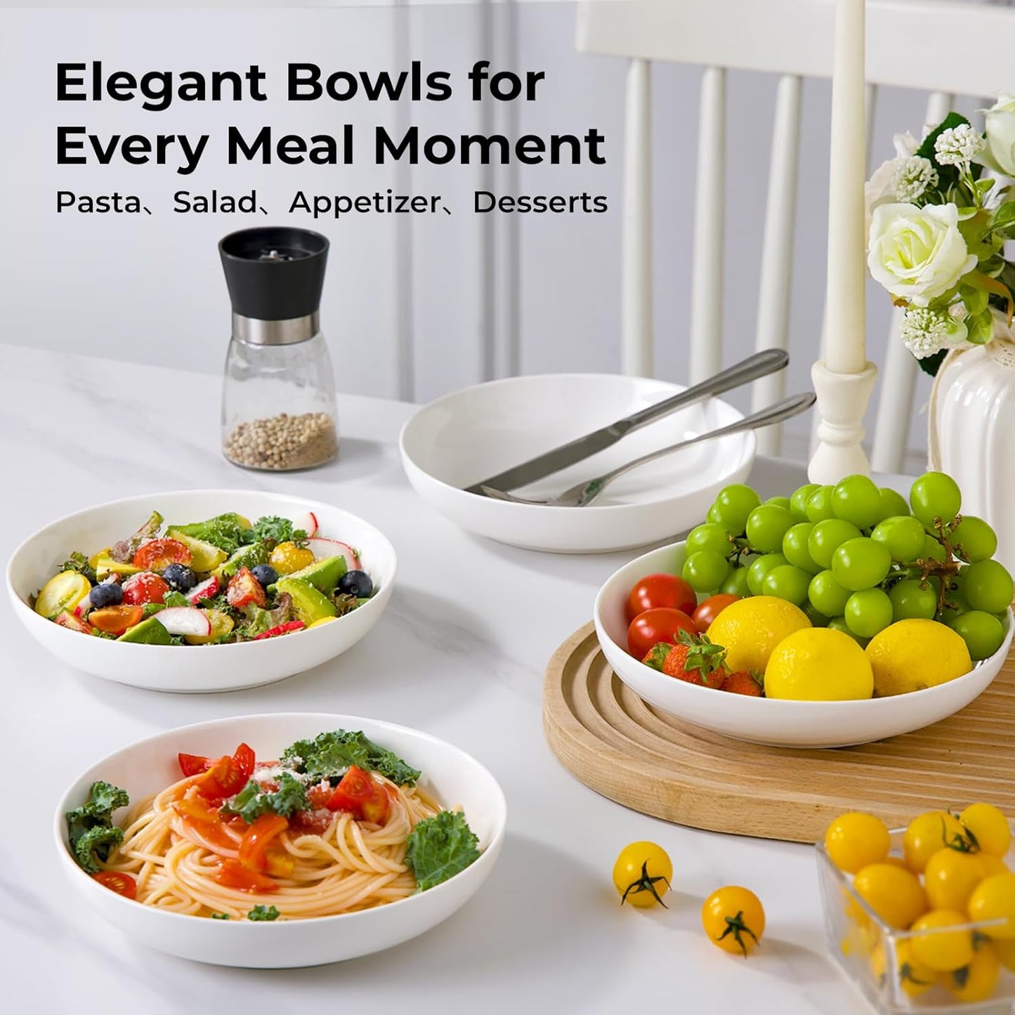 Y YHY Pasta Bowls, 27 Ounces Salad Bowls, Ceramic Serving Bowl Set of 4, 7.8 Inch Porcelain Pastes for Serving Dinner and Salad，Wide and Shallow Bowls Set, Microwave and Dishwasher Safe, White