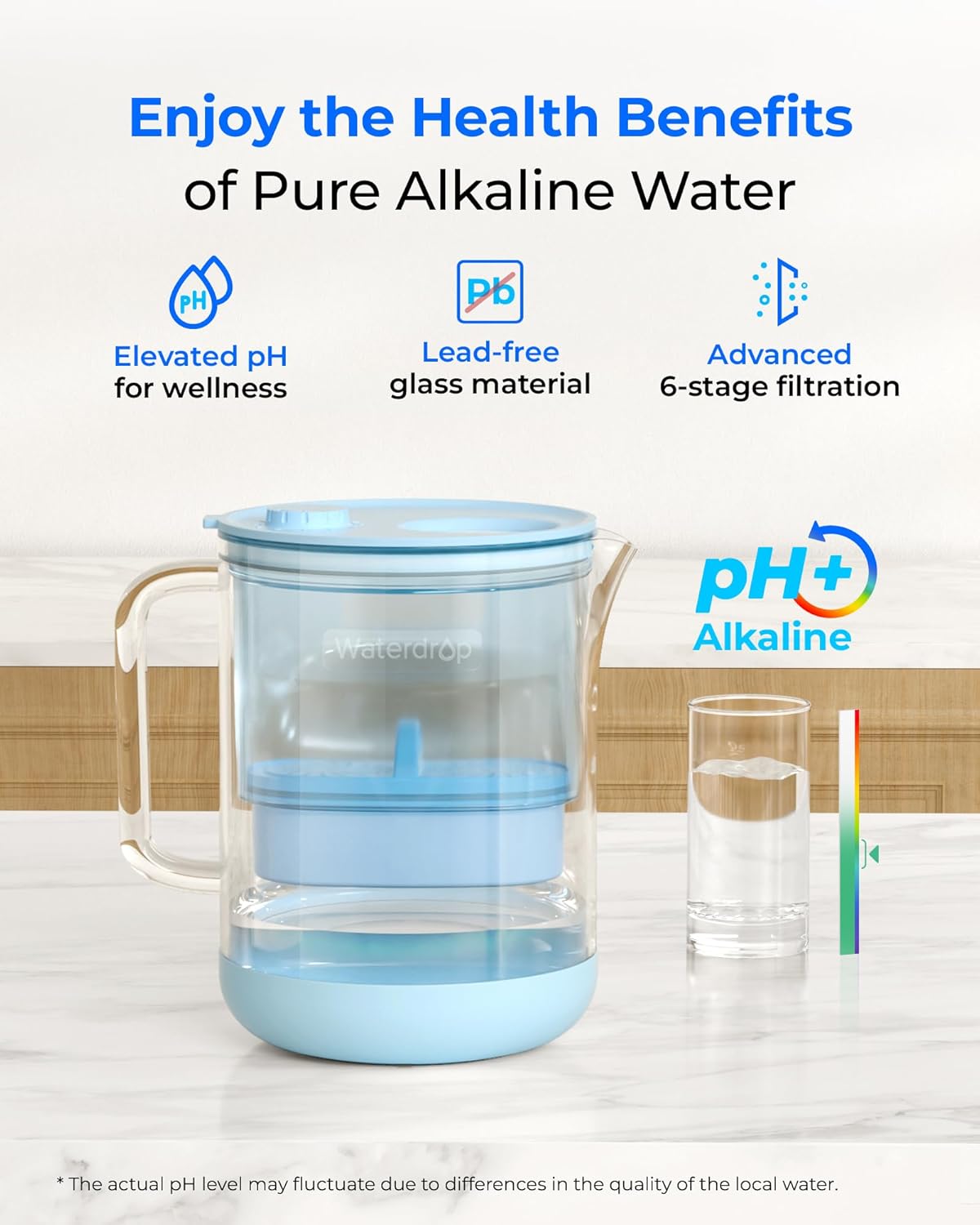 Waterdrop Glass Alkaline Water Filter Pitcher with 1 Filter, Enhances Alkaline Water, Eco-Friendly, 7-Cup, for Home and Office, Reduces PFOA/PFOS, Chlorine, Cadmium, Copper, Mercury, Blue