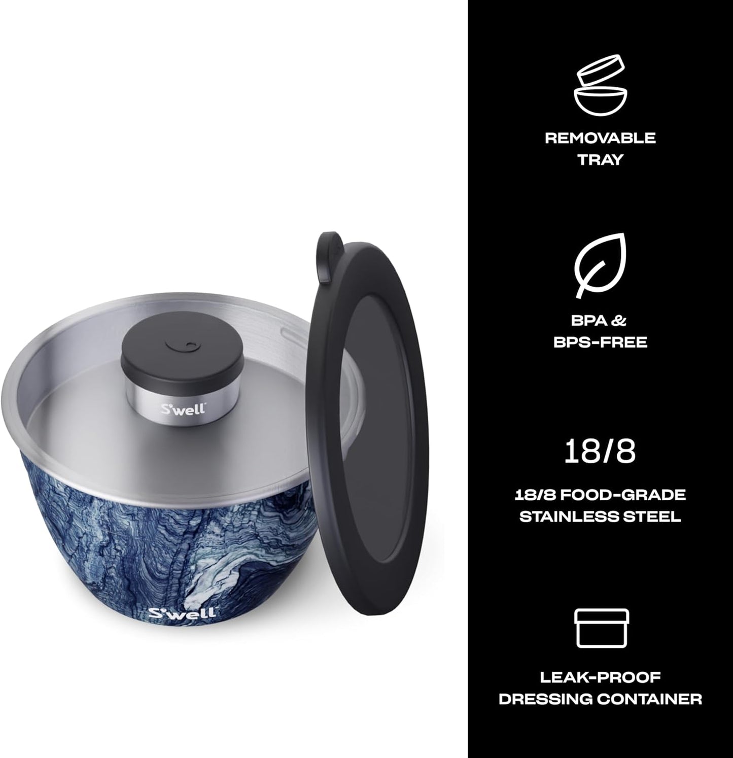 S’well Stainless Steel 64oz Salad Bowl Kit, Azurite Color, Includes 2oz Condiment Container and Removable Tray, Leak-Proof, Easy to Clean, Dishwasher Safe