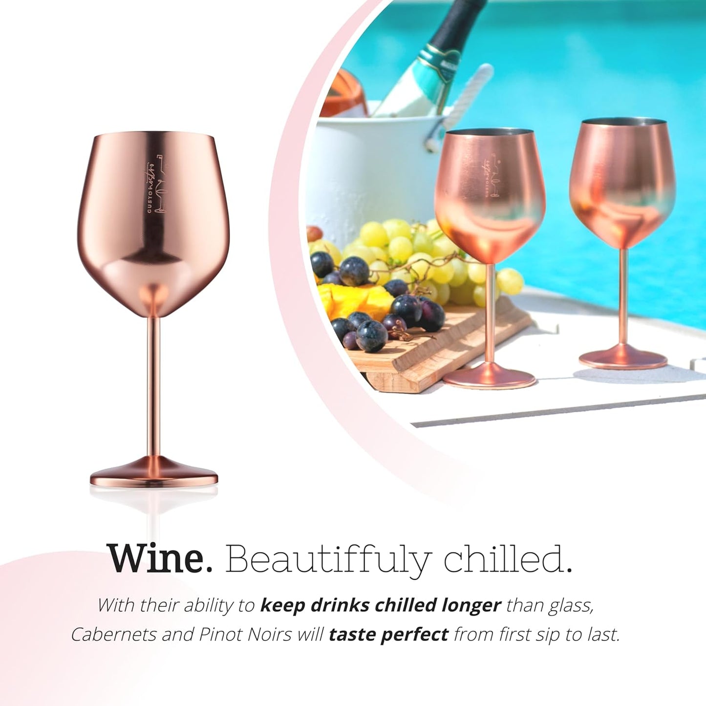 Gusto Nostro Stainless Steel Wine Glass - 18 oz - Unbreakable Rose Gold Wine Glasses for Travel, Camping and Pool - Fancy, Unique and Cool Portable Metal Wine Glass for Outdoor, Picnics (Set of 2)