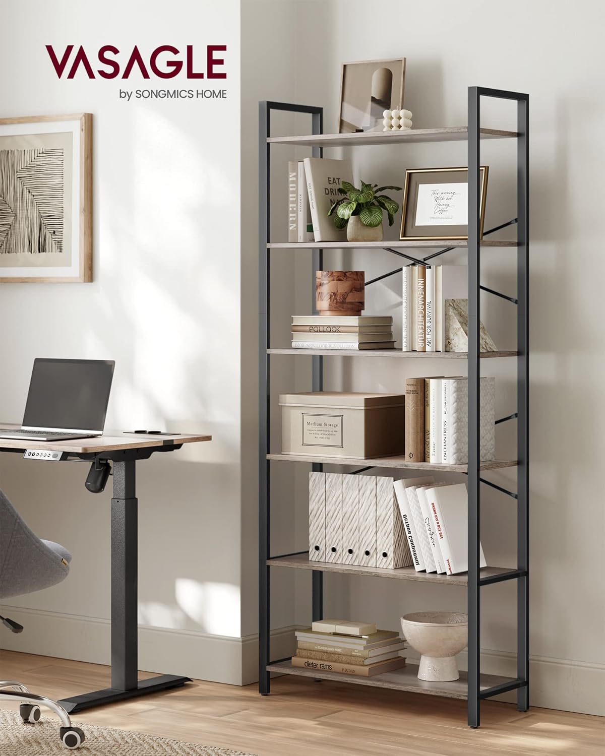 VASAGLE 6-Tier Bookshelf, Bookcase with Steel Frame, Book Shelf for Living Room, Home Office, Study, 11.8 x 31.5 x 73.2 Inches, Industrial Style, Heather Greige and Ink Black ULLS082B02