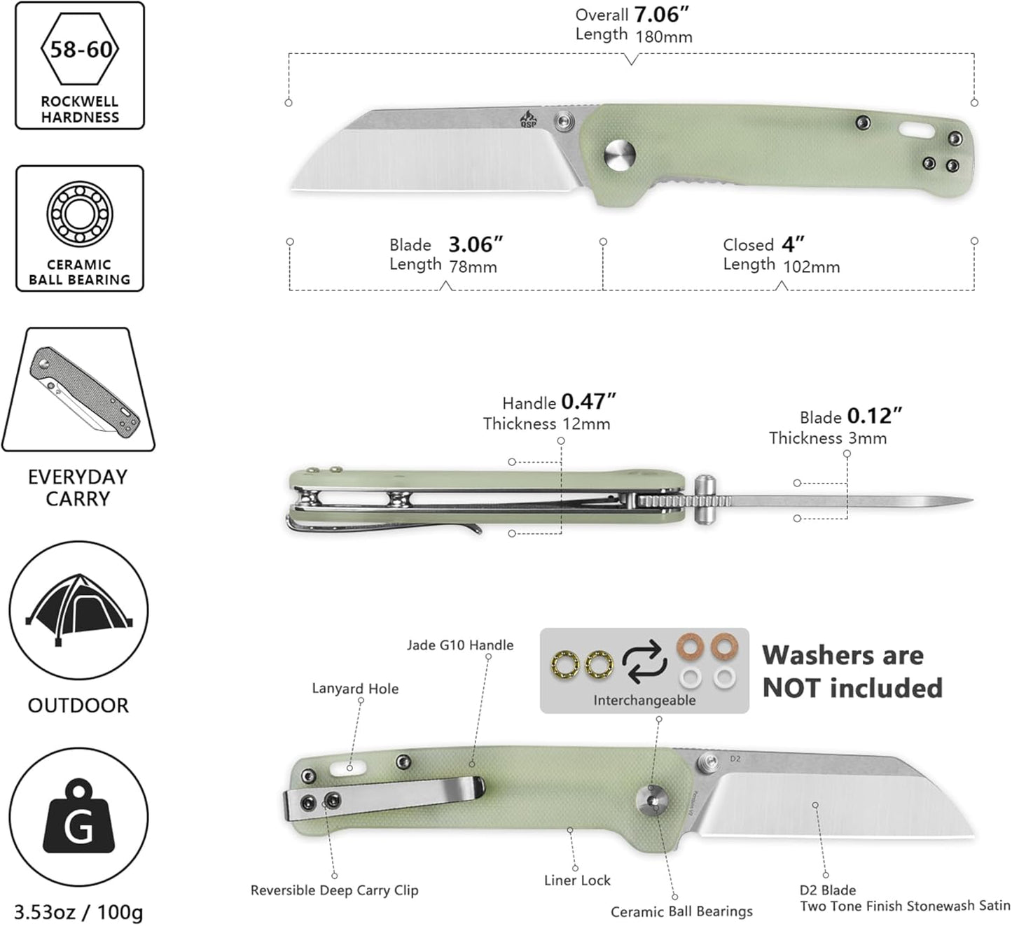 QSP Penguin V2 Folding Pocket Knife, 3.06" D2 Two Tone Finish Stonewash Satin Blade EDC Knife, Jade G10 Handle, Liner Lock, Ceramic Ball Bearings, Reversible SS Deep Carry Clip