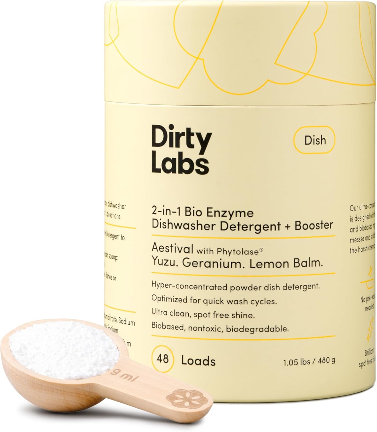 Dirty Labs | Dishwasher Detergent and Booster | Aestival Scent | 48 Loads (1 lb) | Ultra Clean, Spot Free, Quick Wash Optimized | Hyper Concentrated
