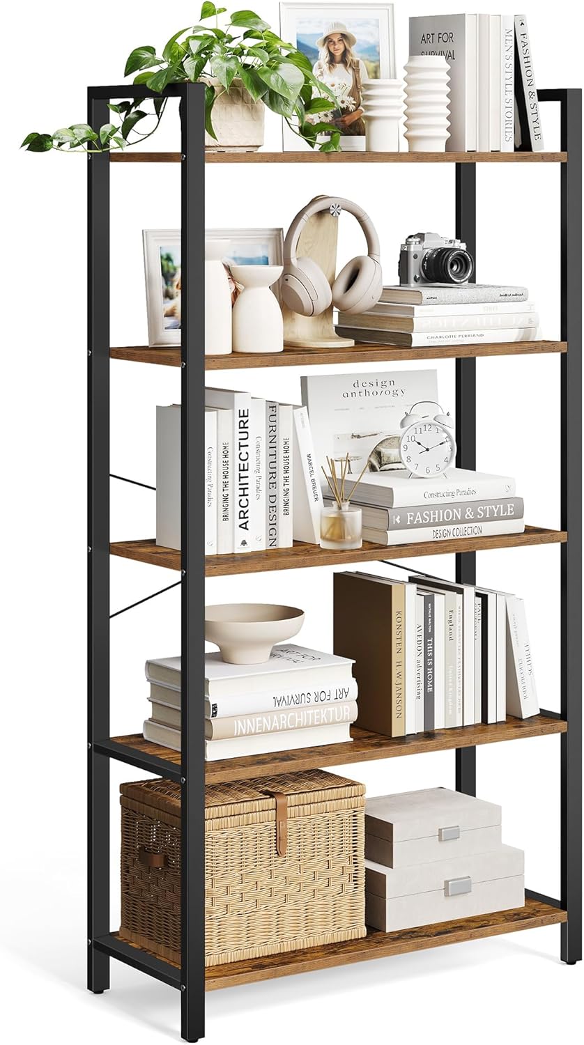 VASAGLE 5-Tier Bookshelf, Bookcase with Steel Frame, Book Shelf for Living Room, Home Office, Study, 11.8 x 31.5 x 60.2 Inches, Industrial Style, Rustic Brown and Ink Black ULLS081B01