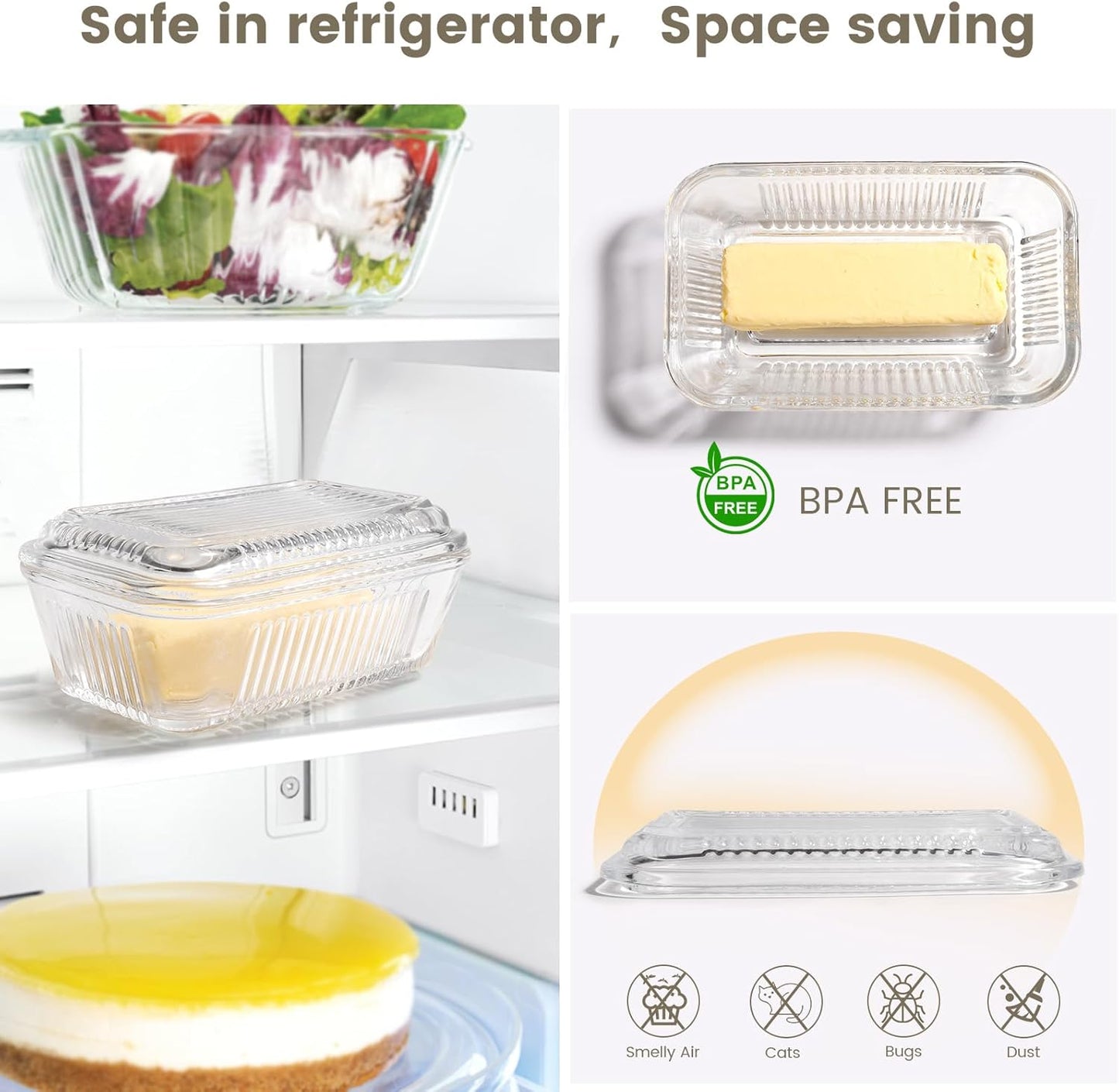 Wide Glass Butter Dish with Two Stick Butter for Countertop,Crystal Butter Container with Cover for Counter,Butter Tray Holder for Refrigerator,Large Glass Butter Keeper