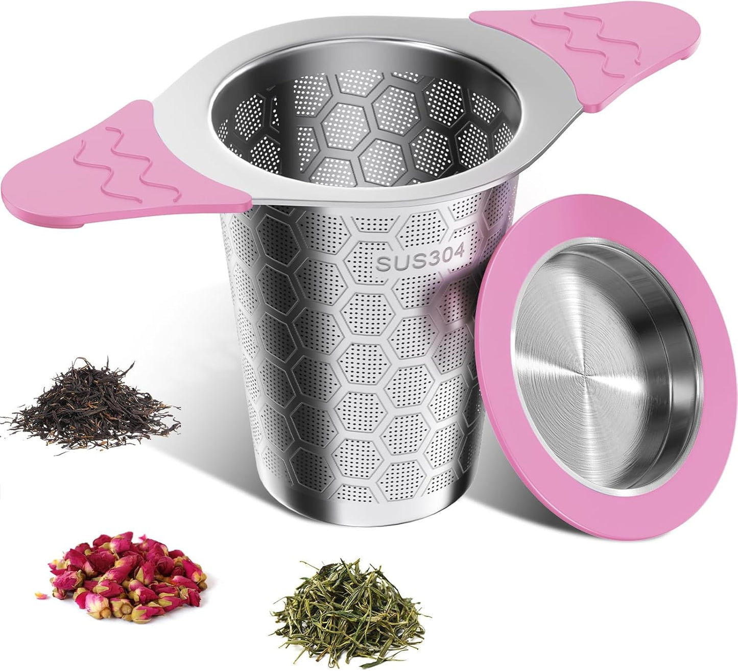 Tea Infuser for Loose Leaf Tea,18/8 Stainless Steel Tea Infuser with Heat Proof Silicone Handles,Extra Fine Mesh Tea Strainers Filter Fine Tea Leaves Effectively,Fits TeaPots/Mugs-Pink