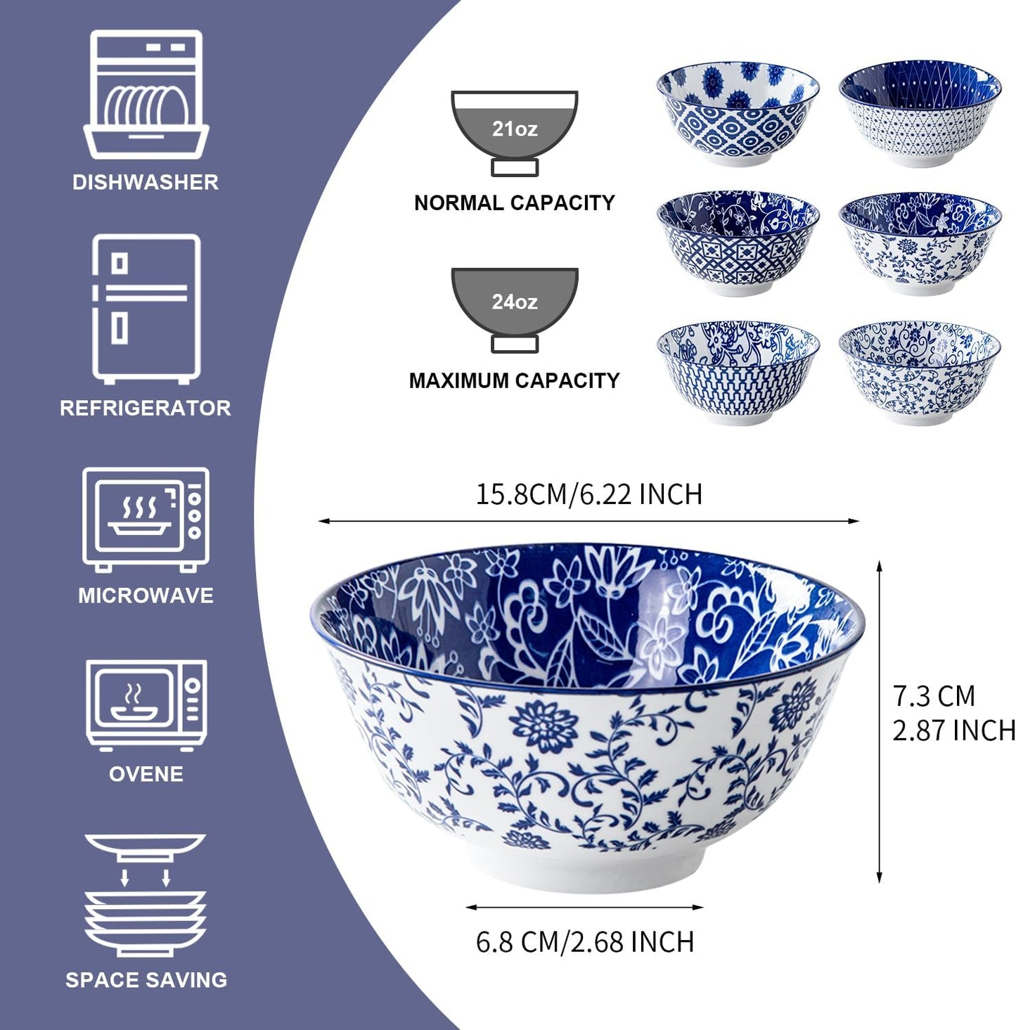 Ceramic Soup Bowls Set - 24 Oz Deep Cereal Bowl for Kitchen - 6 Inch Large Porcelain Dinner Bowl Eating Salad Pasta Dessert Oatmeal - Microwave Dishwasher Safe - Set of 6 - Vintage Blue