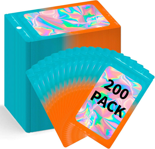 200 Pack Resealable Mylar Holographic Bags Food Storage Smell Proof Bags with Front Window Foil Packaging Pouch for Candy Sample Jewelry Small Business 4.72×7.87 Inch, Blue Fade Orange