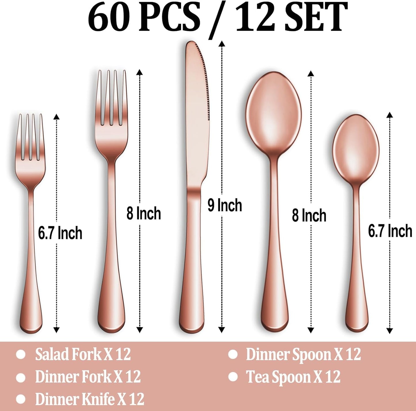 60 Pcs Rose Gold Silverware Set Service for 12, Premium Stainless Steel Flatware Set, Cutlery Utensil Sets, Durable Home Kitchen Eating Tableware Sets, Include Fork Knife Spoon, Dishwasher Safe