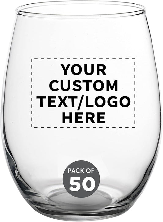 Custom Stemless Wine Glasses in Bulk by ARC Perfection, 15 oz, 50 pack, Personalized Text, Logo, Red or White Wine Glass Set, Black