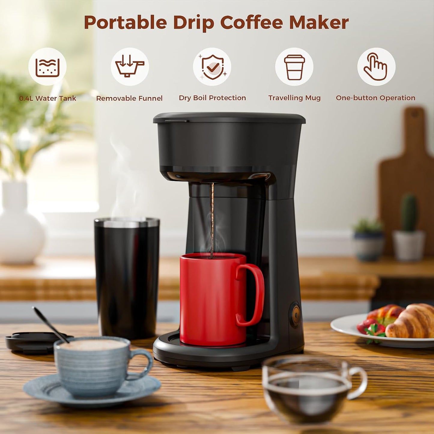 Single Serve Drip Coffee Maker with Travel Mug, One-Touch Operation, Fast Brew, Compact Small Coffee Maker with Removable Filter,Ideal for Home, Office, or On the Go(Black)