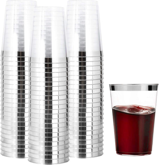 I00000 200pcs Silver Disposable Plastic Cups 10 oz Clear Old Fashioned Tumblers With Silver Rim - Fancy Wedding Party Cups, Elegant Wine Glasses, Cocktail Tumblers