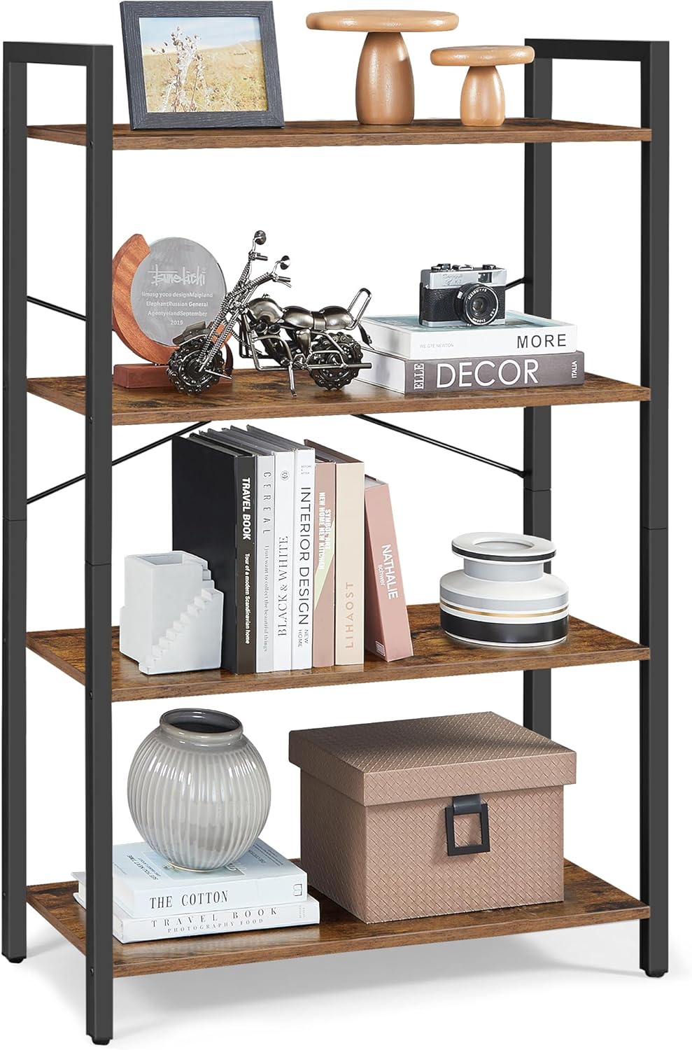 VASAGLE 4-Tier Tall Bookshelf, Large Bookcase with Steel Frame, Deep Book Shelf for Living Room, Home Office, Study, 11.8 x 31.5 x 47 Inches, Industrial Style, Honey Brown and Black ULLS140K01