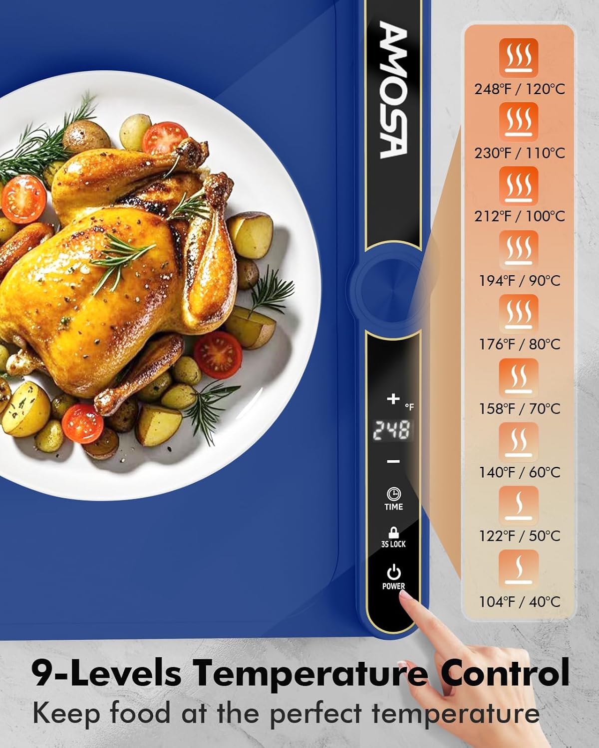 Warming Mat for Food, Fast Heating Electric Food Warmer with 9 Level Temperature and 6 Hours Timer, Extra Large Roll Up Silicone Food Warming Mat, Portable Warming Trays for Buffets Party (Blue)