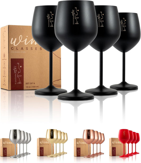 Gusto Nostro Stainless Steel Wine Glass - 18 oz - Unbreakable Black Wine Glasses for Travel, Camping and Pool - Fancy, Unique and Cool Portable Metal Wine Glass for Outdoor Events, Picnics (Set of 4)