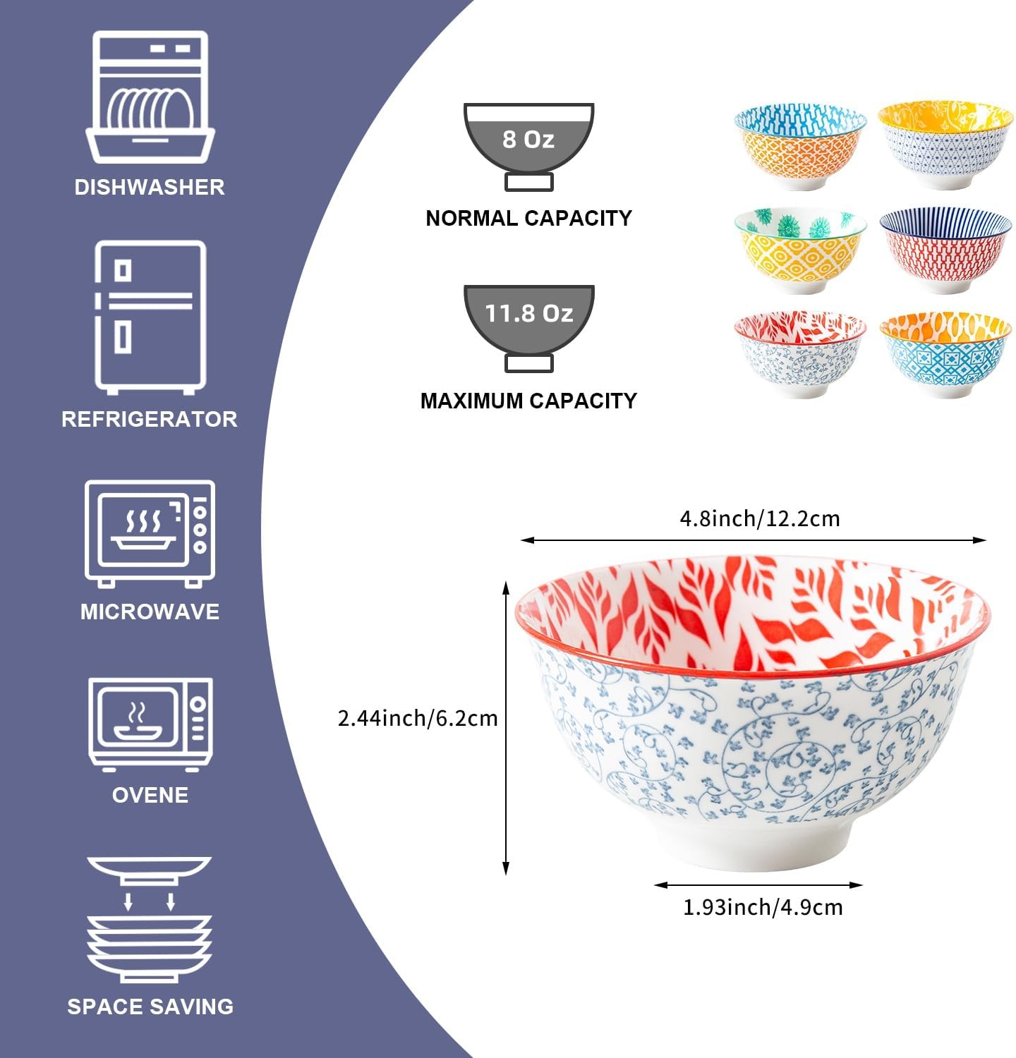 Ceramic Dessert Bowls Set - 12 Oz Small Cereal Bowls 4.75 Inch Ice Cream Bowl for Fruit, Snack, Side Dishes, Dipping Sauce - Microwave Dishwasher Safe - Set of 6 - Assorted Colors
