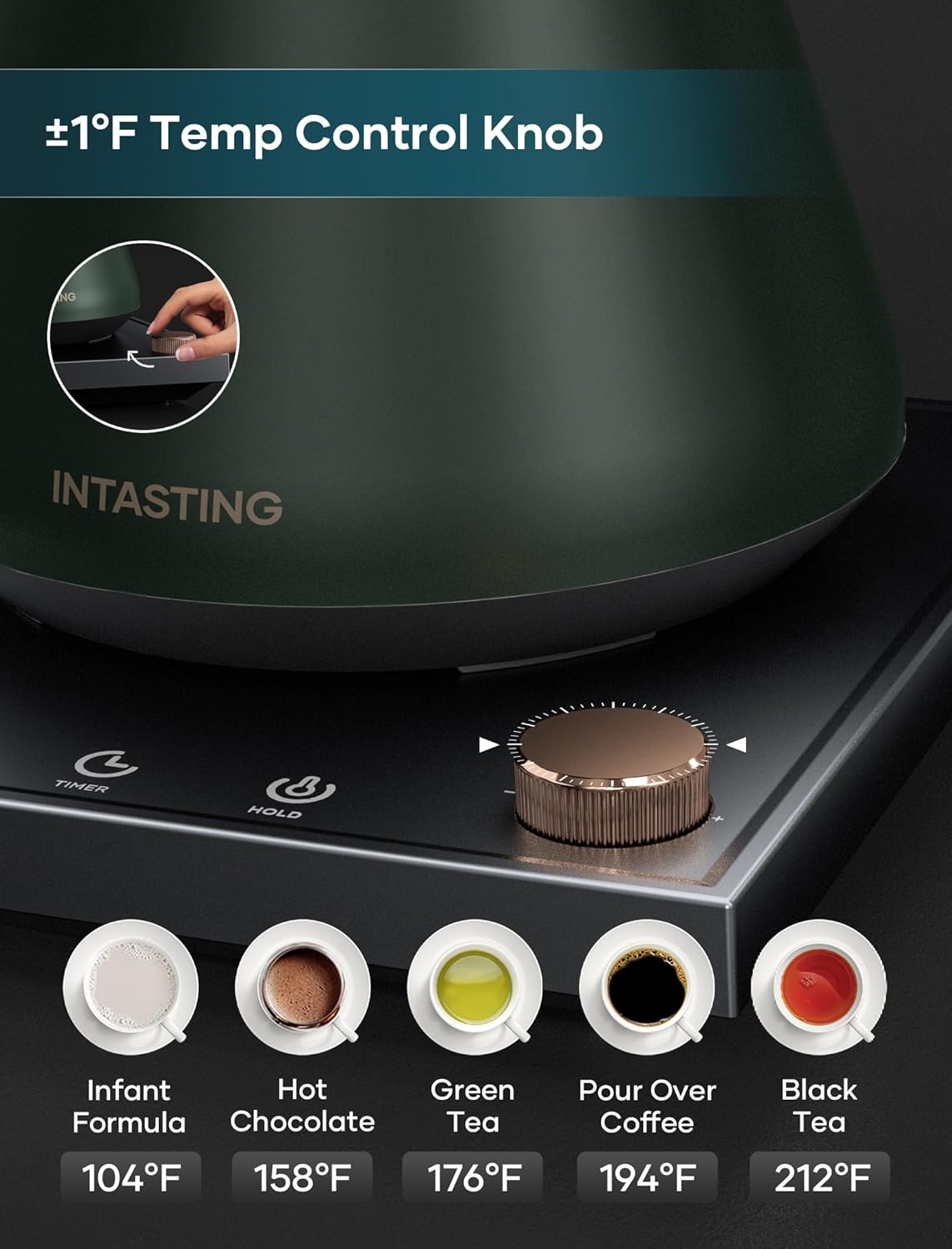 Electric Kettles, Gooseneck Electric Kettle, ±1℉ Temperature Control, Stainless Steel Inner, Quick Heating, for Pour Over Coffee, Brew Tea, Boil Hot Water, 0.9L Hunter Green