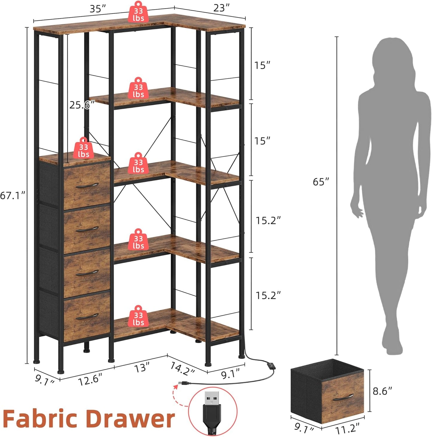 Corner Bookshelf with LED Light Strips & 4 Fabric Drawers, 5-Tier Convertible Corner Shelf with Display Shelf, Large Wood Industrial Bookcase for Living Room, Bedroom, Home Office, Rustic Brown