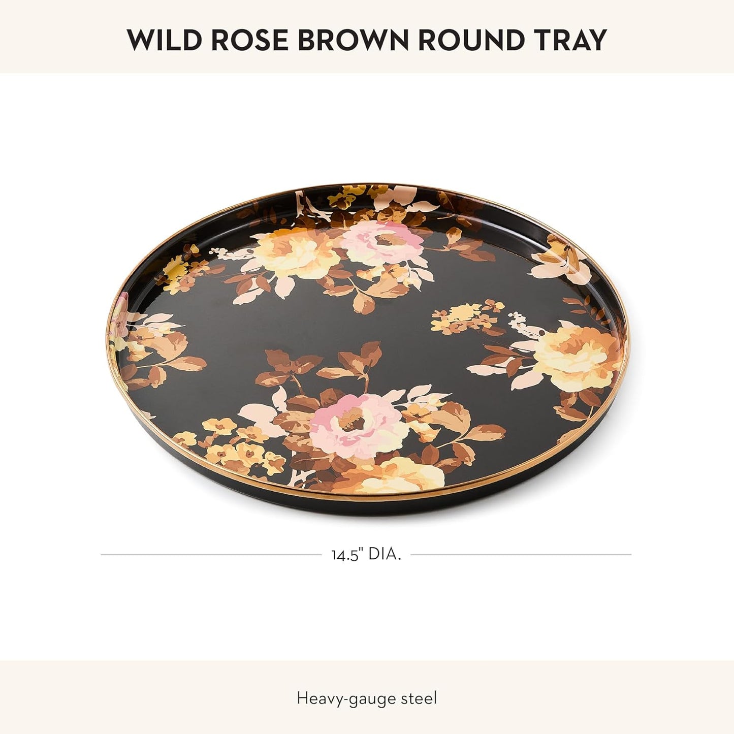 MACKENZIE-CHILDS Enamel Round Tray, Unique Serving Platter for Food and Drinks, Wild Rose Brown