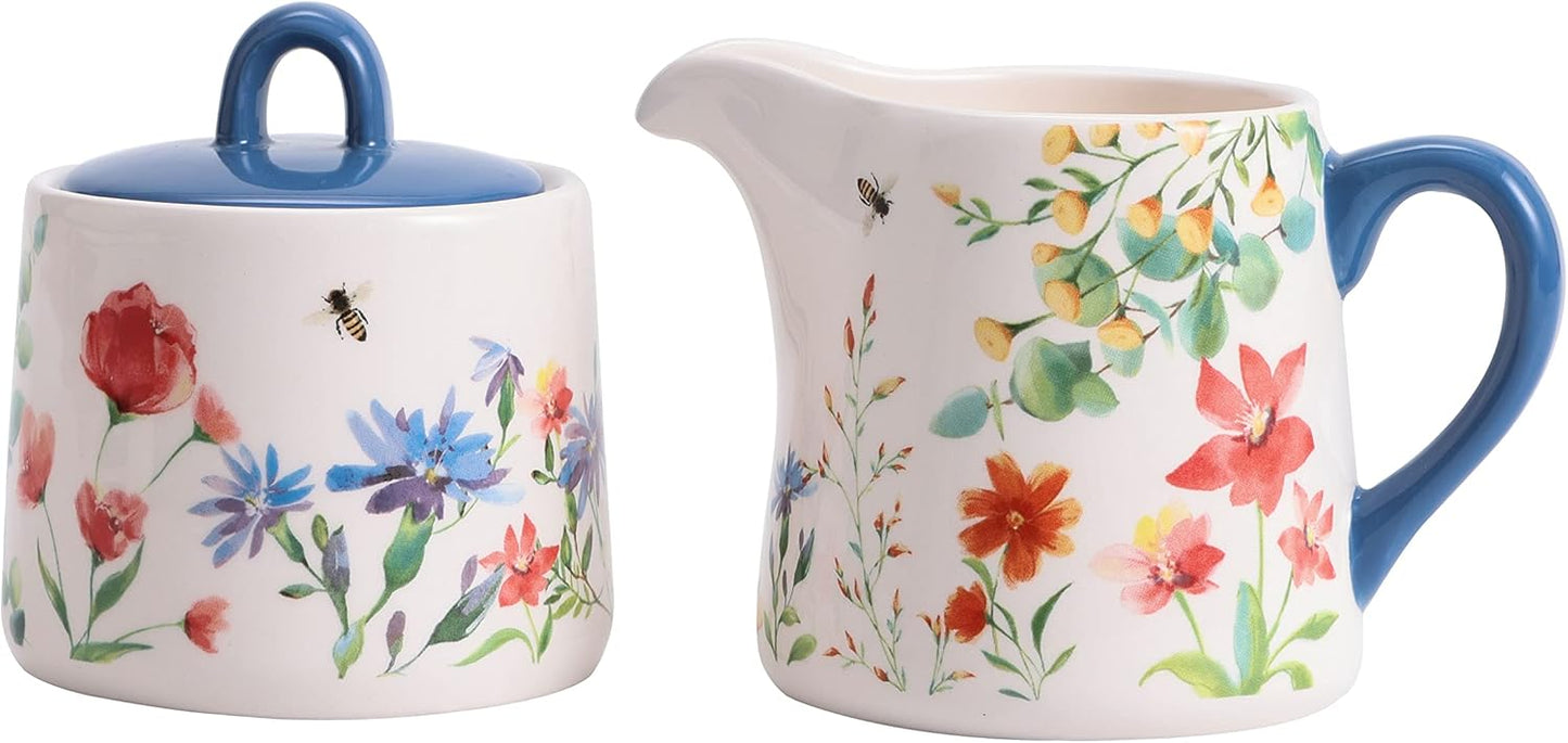 Bico Summer Provence Ceramic Sugar and Creamer Set, Sugar Bowl with Lid, Cute Container for Coffee Bar, Kitchen Countertop Accessories, Microwave and Dishwasher Safe