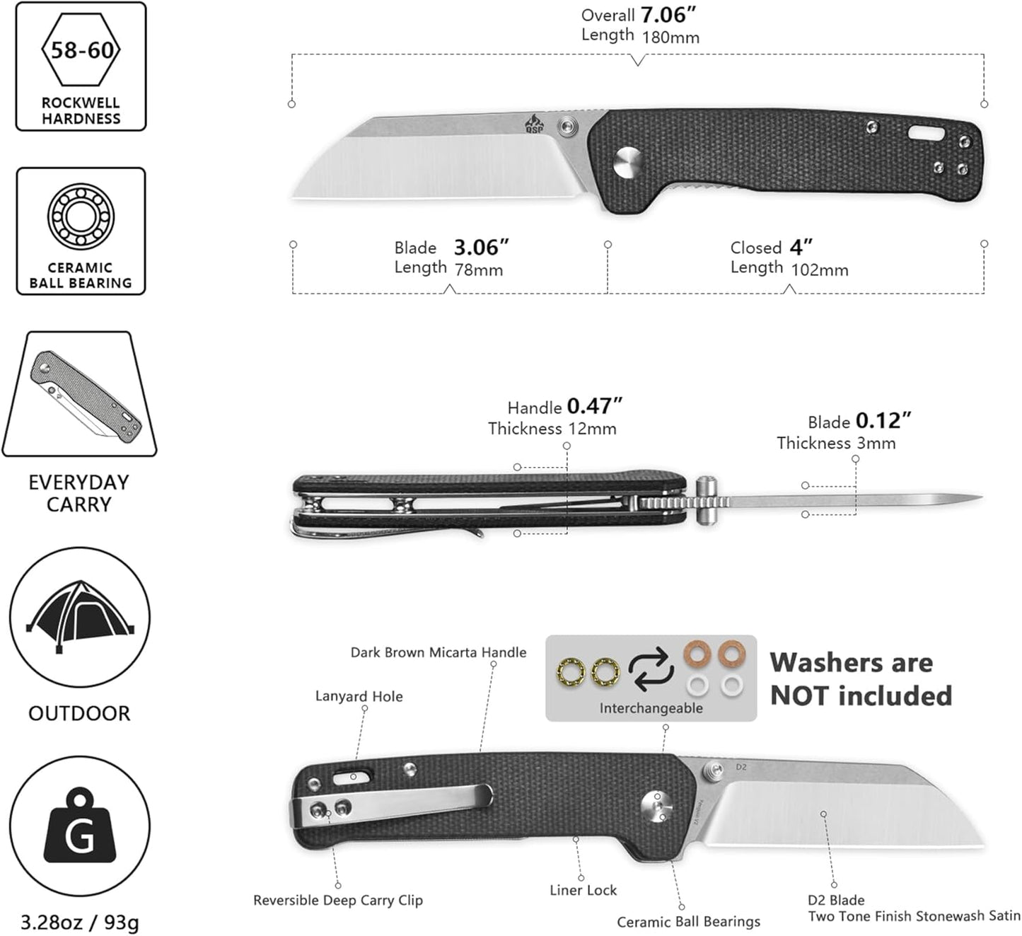 QSP Penguin V2 Folding Pocket Knife, 3.06" D2 Two Tone Finish Stonewash Satin Blade EDC Knife, Dark Brown Micarta Handle, Liner Lock, Ceramic Ball Bearings, Reversible SS Deep Carry Clip