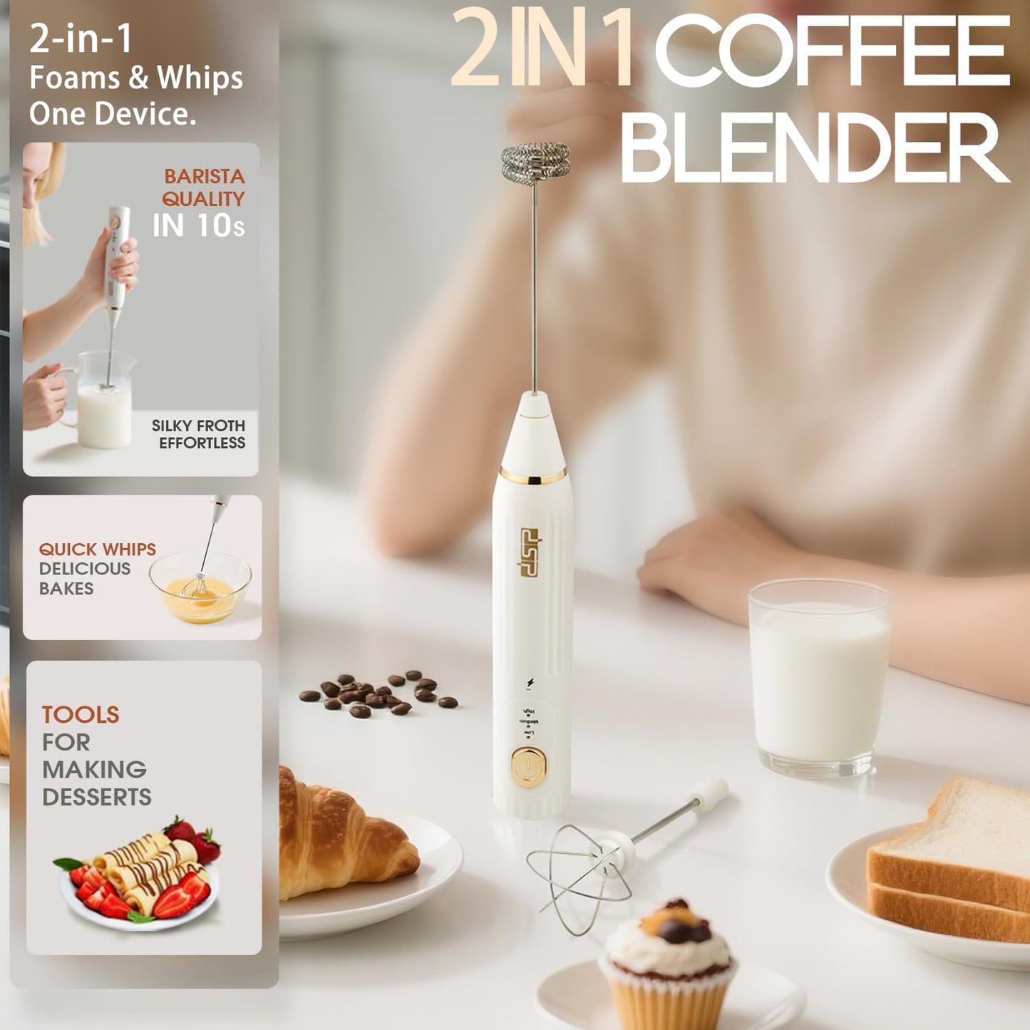 DSP Electric Whisk Rechargeable with Egg whisk milk frothing bar, 3 Speed Adjustable, Milk Frother Handheld for Latte, Cappuccino (White)