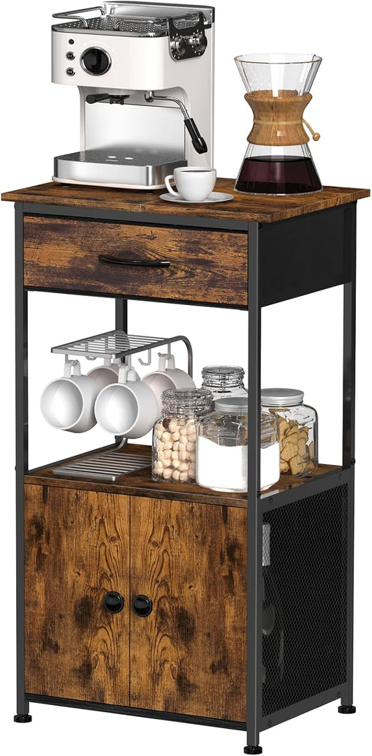 4-Tier Small Coffee Bar with Storage,Kitchen Stand, Farmhouse-Style Coffee Bar with Storage Featuring 2-Door Cabinet for Living Room,Kitchen (Rustic Brown)