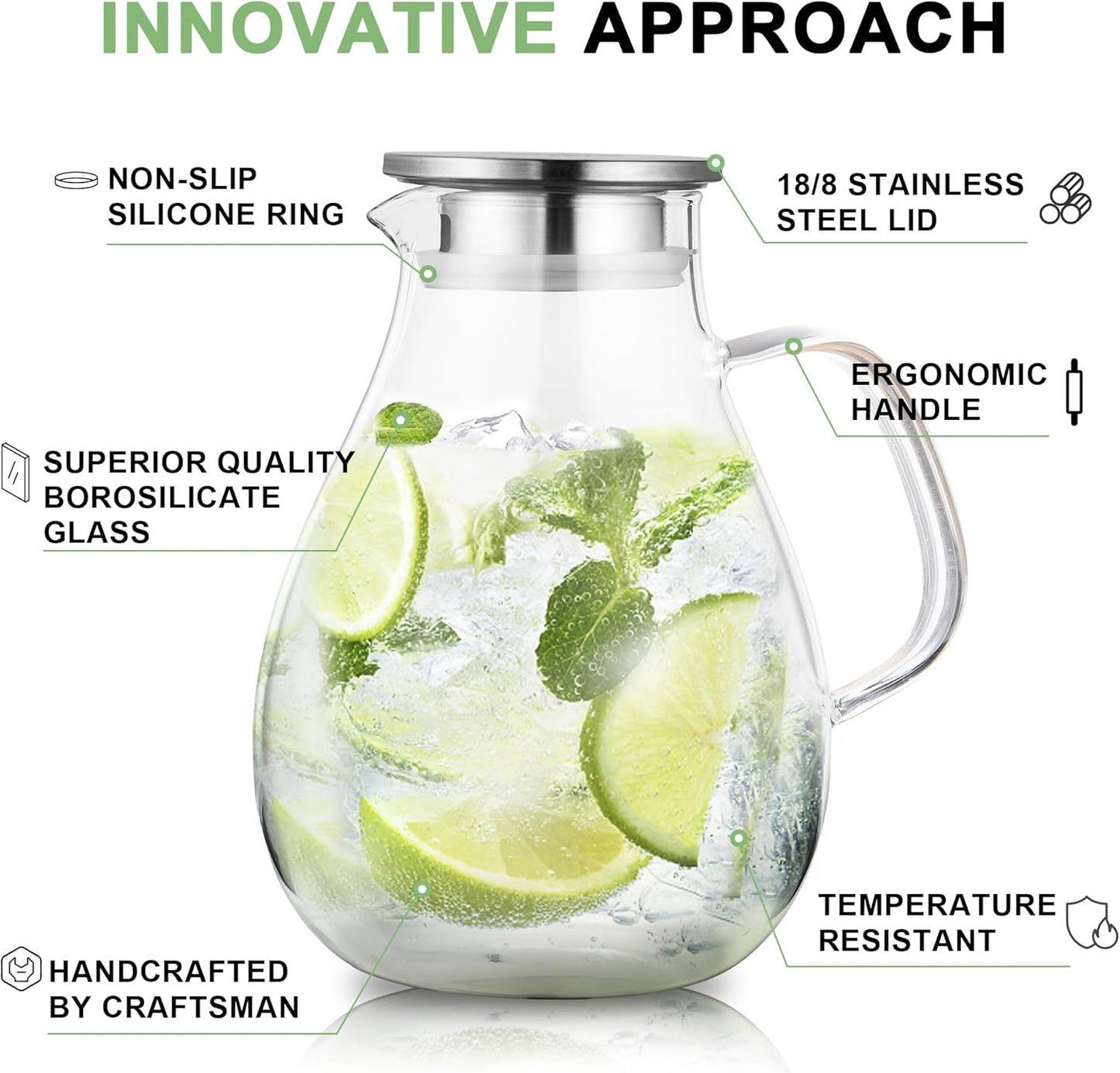 SUSTEAS 2.2 Liter 75oz Glass Pitcher, Water Pitcher with Lid And Wide Handle, Easy Clean Juice Jug for Fridge, Beverage Carafe for Cold/Hot Water, Iced Tea, 1 Long-Handled Brush Included