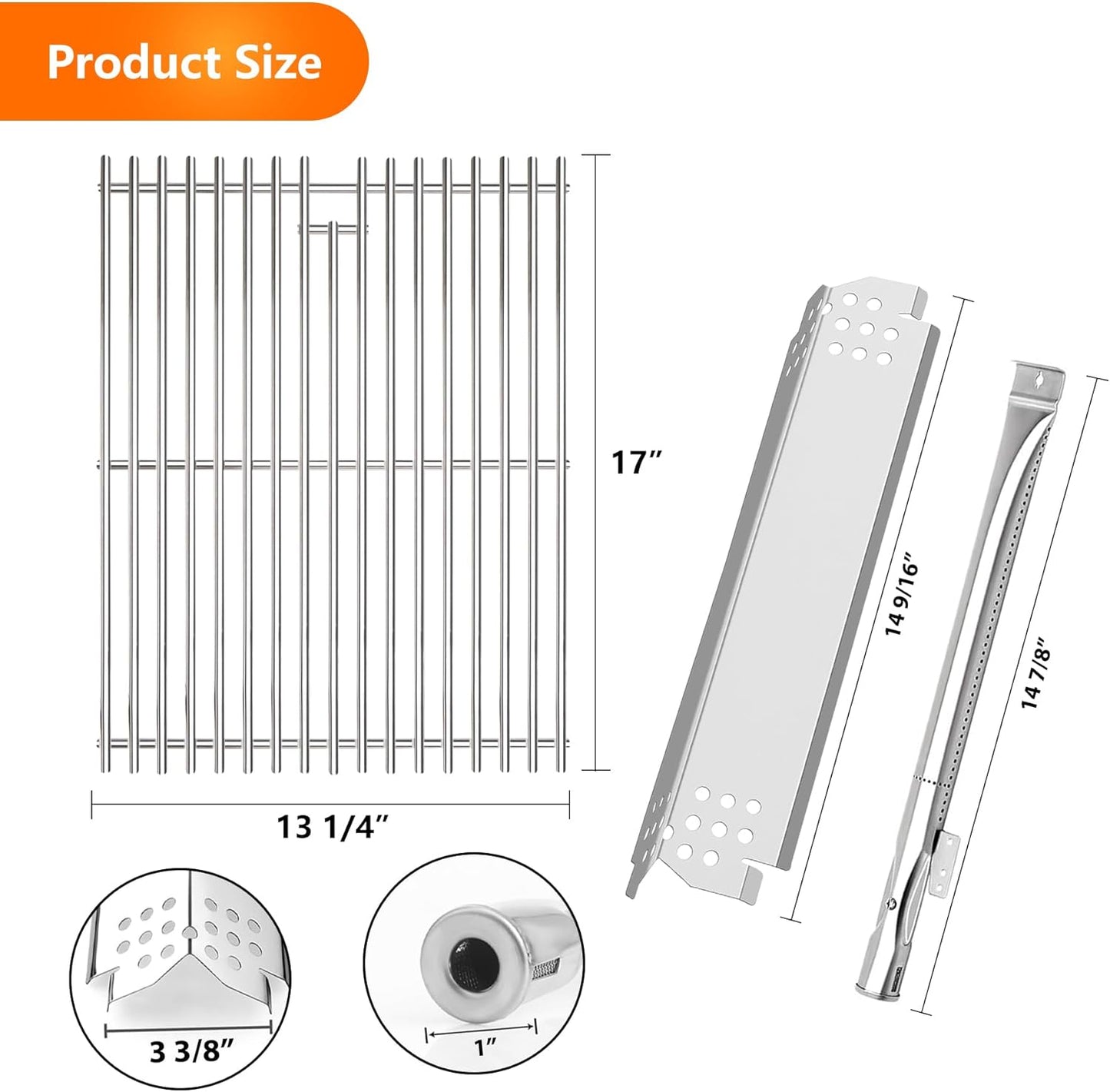 CANDANA Replacement Parts for Nexgrill 4 Burner 720-0830H 720-0830D 720-0783C 720-0783E 720-0958A, 17" Stainless Steel Grill Grate, Grill Burner, Heat Plate, Igniters for 5 Burner 720-0888N