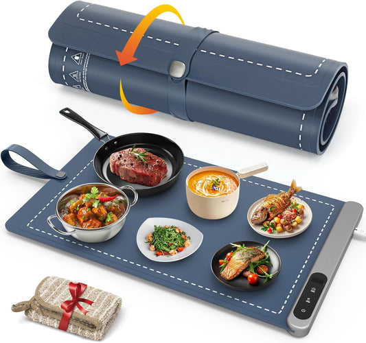 FYY Food Warming Mat - Electric Warming Tray with 6 Temperature Settings and 6 Hours Timer, Full Surface Graphene Heating Food Warmer, Premium Rollable Heating Tray for Gatherings, Parties, Blue