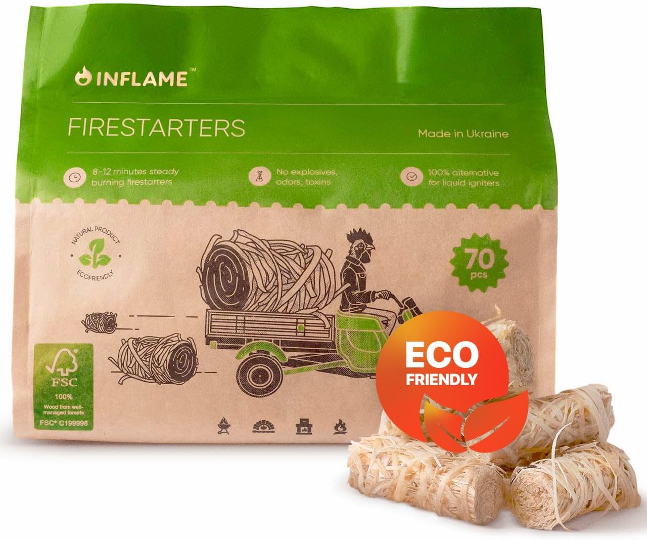 Inflame Fire Starters 70 pcs Fire Starters for Campfires, Grill, BBQ, Fireplace, Woodstove - Charcoal Starter - Waterproof, Weather-Resistant - Natural Wood Fireplace Starters