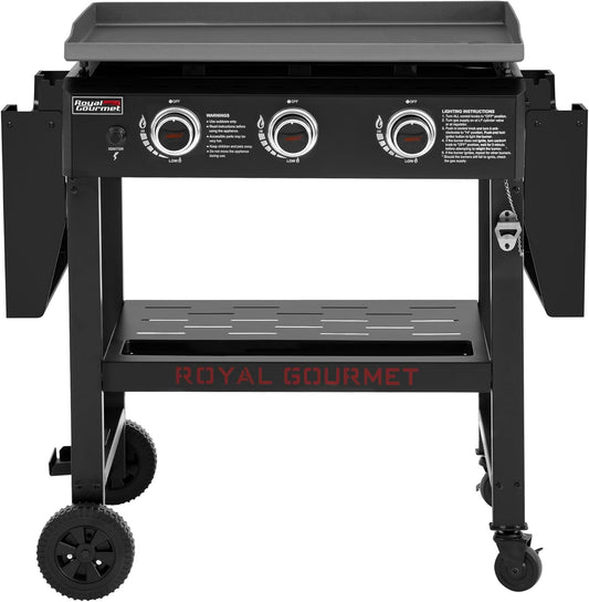 Royal Gourmet GB3000H 3 Burner Propane Gas Griddle with Foldable Side Tables, 28-Inch Flat Top Grill with 492 Sq. In. Cooking Area for Backyard and Tailgating, Black