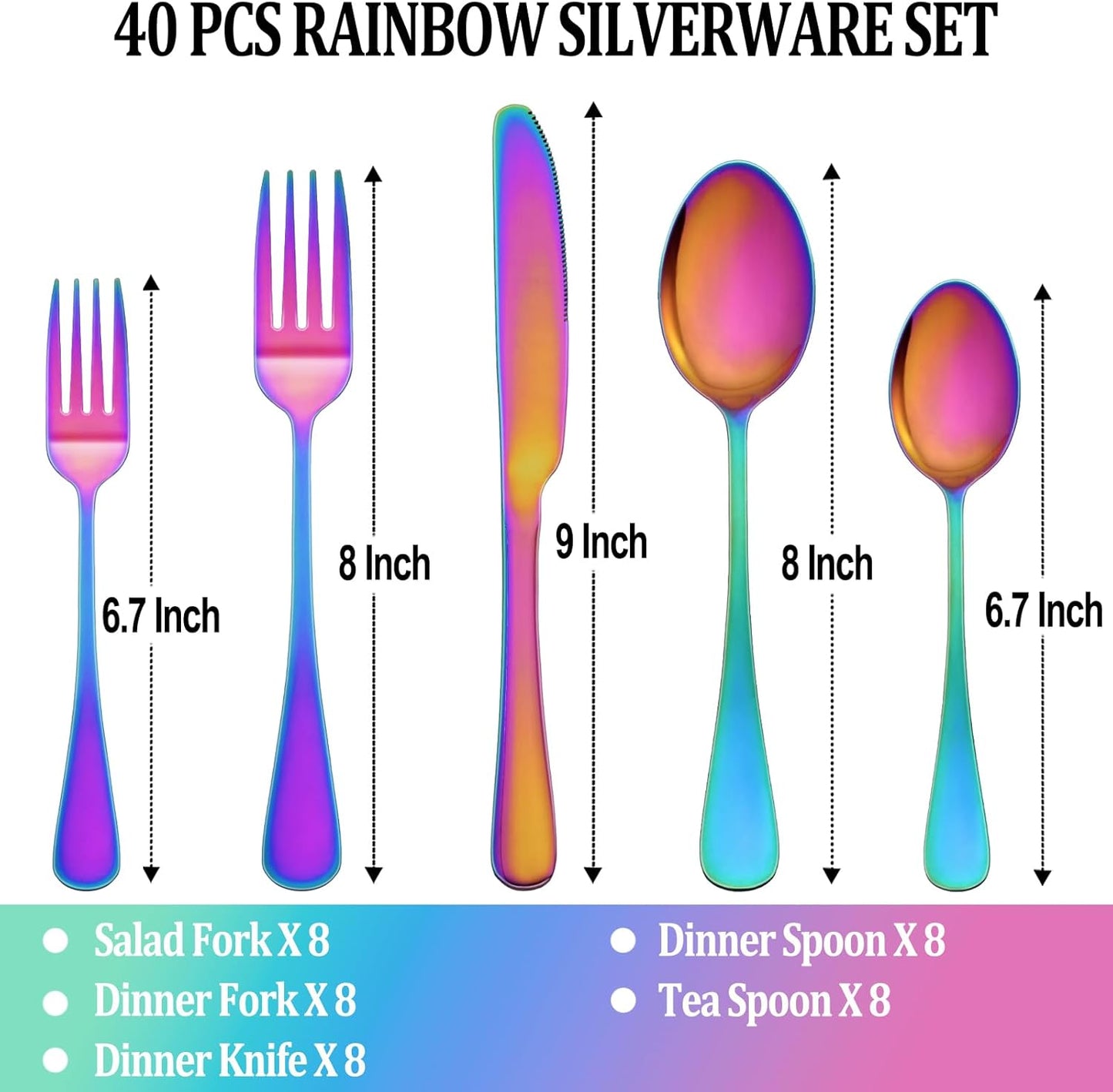 40 Pcs Rainbow Silverware Set Service for 8,Stainless Steel Flatware Serving Sets,Kitchen Tableware Set,Utensil Set for Home and Restaurant,Knives Forks Spoons Set,Mirror Polished,Dishwasher Safe