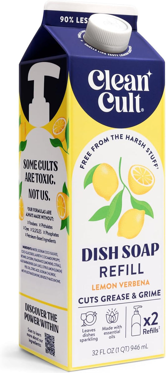 Cleancult Dish Soap Liquid Refill (32oz, 1 Pack) - Plant Based Cleaning Power - Dish Soap that Cuts Grease & Grime - Free of Harsh Chemicals - Uses 90% Less Plastic - Lemon Verbena