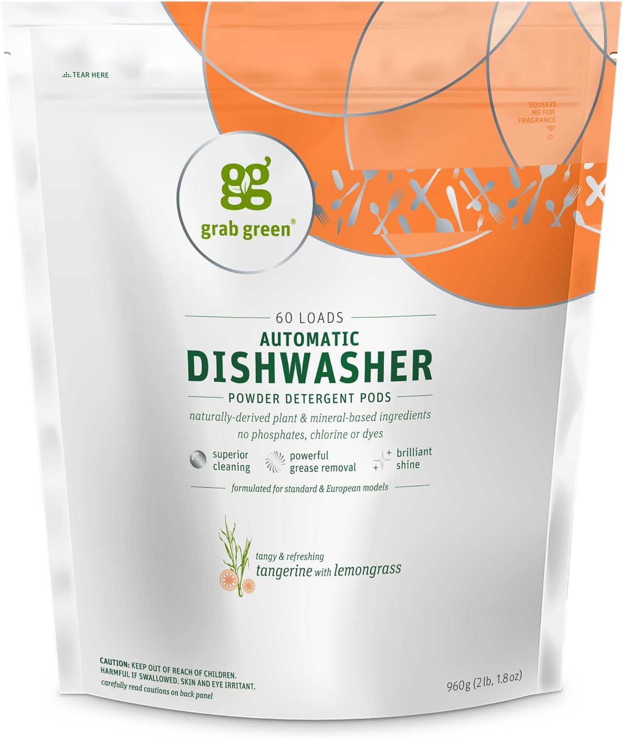 Grab Green Automatic Dishwashing Detergent Pods, 60 Count, Tangerine Lemongrass Scent, Plant and Mineral Based, Superior Cleaning, Powerful Grease Removal, Brilliant Shine