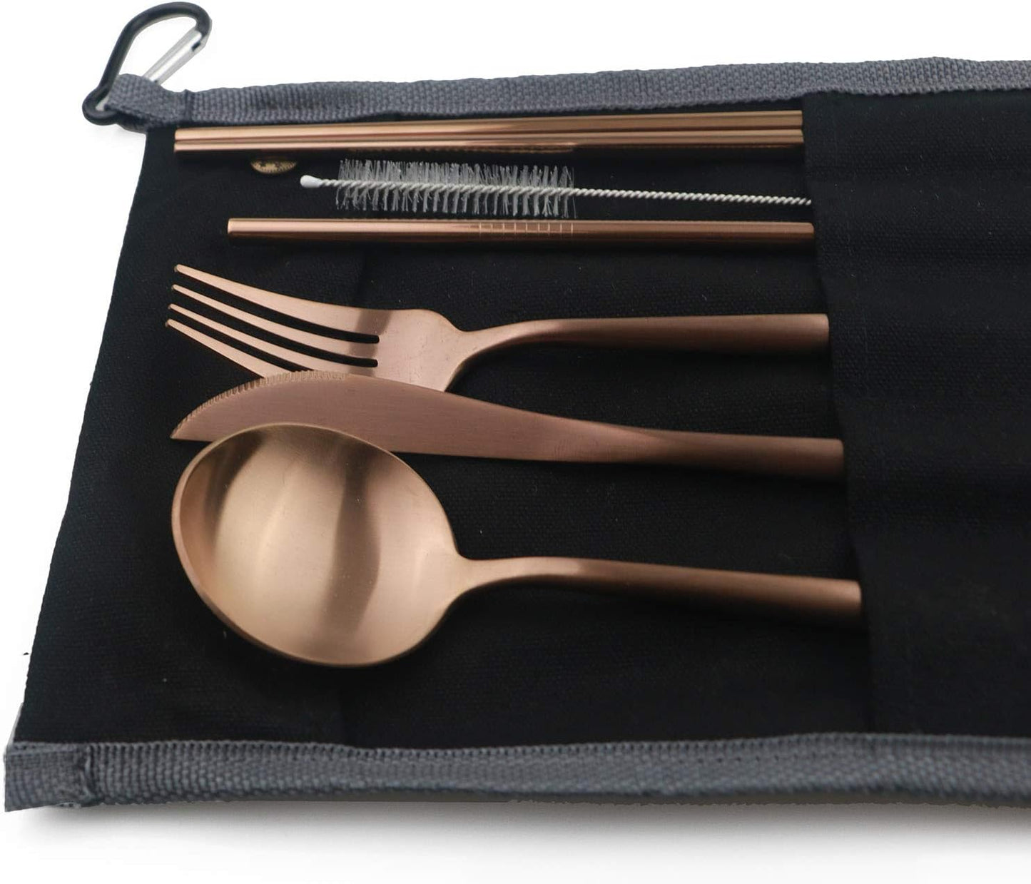 Portable 6 Pieces Flatware Set, 304 Stainless Steel Knife, Fork, Spoon, Chopsticks, Metal Straw, Cleaning Brush, Durable Travel Cutlery Set, Black Pouch Bag, Rose Gold