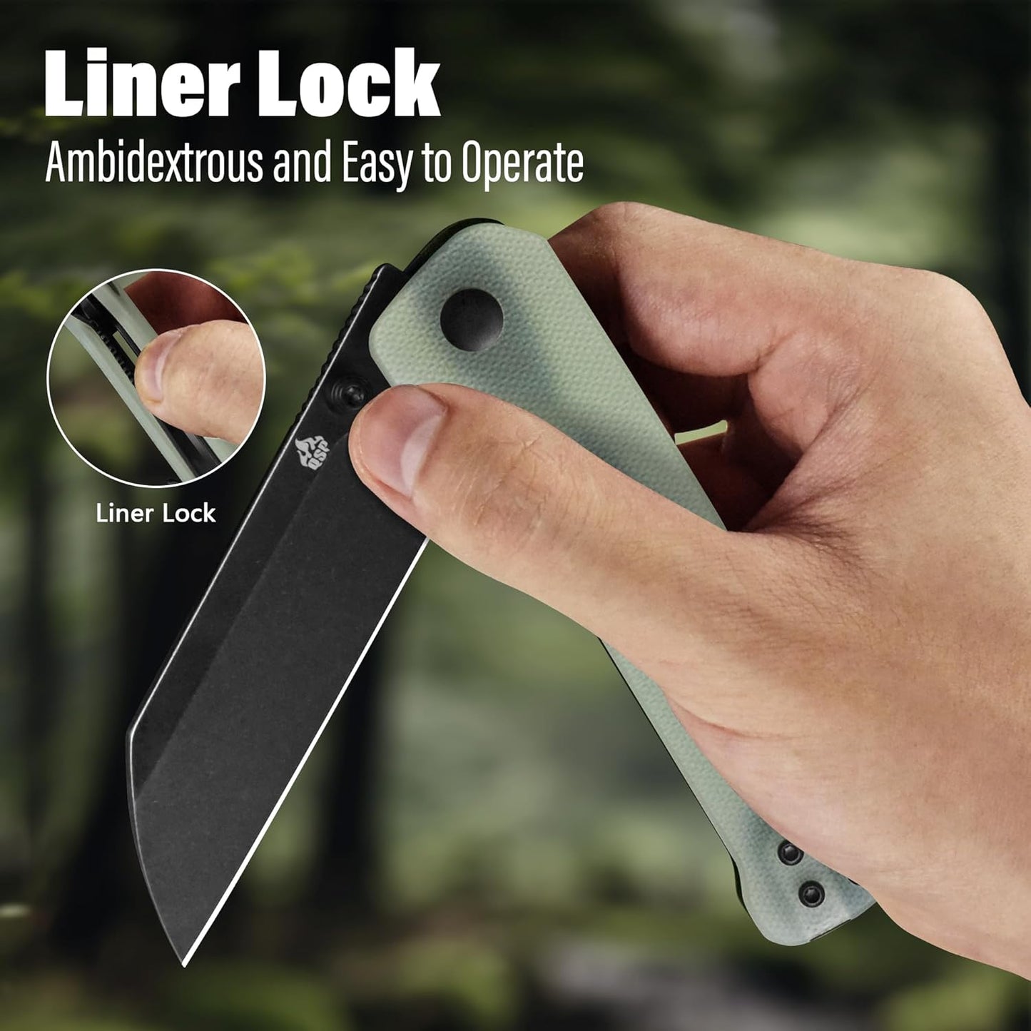QSP Penguin V2 Folding Pocket Knife, 3.06" D2 Black Stonewash Blade EDC Knife, Jade G10 Handle, Liner Lock, Ceramic Ball Bearings, Reversible SS Deep Carry Clip